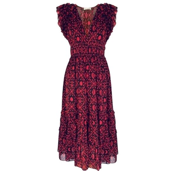 Ulla Johnson Anika Ruffle Midi Dress Red Fuchsia Dress Floral 10 Silk - Picture 2 of 11